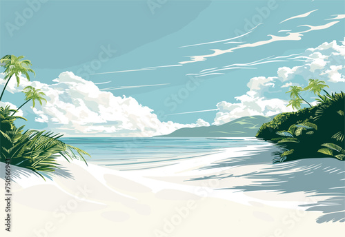 A picturesque natural landscape painting featuring a serene beach with palm trees, mountains, and a beautiful sky with fluffy clouds in the background