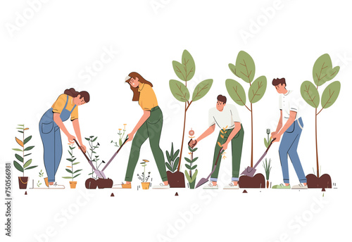A group of people are happily planting trees in a garden, surrounded by lush grass and enjoying the leisurely recreation in nature