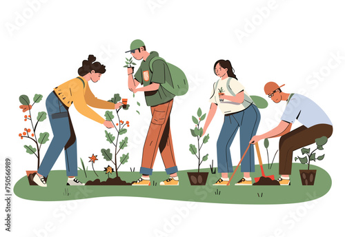 A group of people are sharing golf equipment to plant trees in a park. Enjoying outdoor recreation and leisure while surrounded by nature