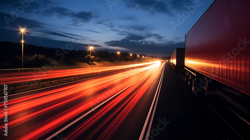 Trucks on highway, street in night time. Motion blur, light trails. Transportation, logistic. Timelapse, hyperlapse of transportation. Abstract soft glowing lines