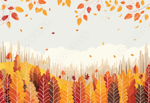 Orange petals of autumn leaves are gracefully descending from trees in a forest, painting a beautiful natural landscape with a colorful pattern
