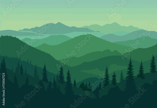 A natural landscape featuring a forest of trees in the foreground, with grasslands leading up to a majestic mountain range in the background