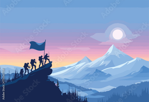 A group of people with a flag stands atop a snowy mountain, surrounded by a stunning natural landscape. The sky is clear, the atmosphere crisp, and clouds drift by in the world above