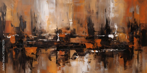 Bold strokes of honeyed amber and deep espresso dance across the canvas, echoing the dynamic interplay of molten copper and molasses hues against an enigmatic, abstract backdrop.