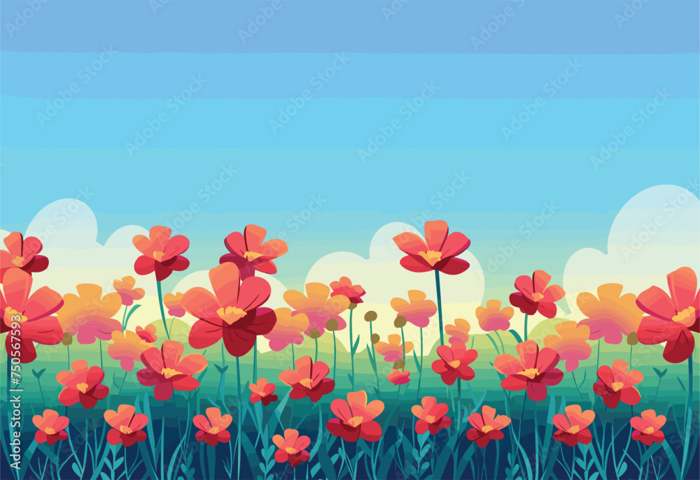 A beautiful field of red flowers set against a clear blue sky, creating a stunning natural landscape with vibrant petals, green grass, and a vast horizon A beautiful field of red flowers set against a clear blue sky, creating a stunning natural landscape with vibrant petals, green grass, and a vast horizon