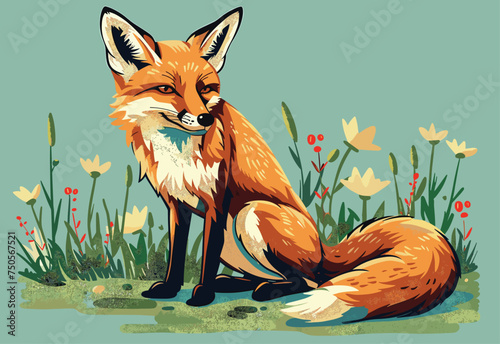 A cartoon painting of a red fox sitting in a field of colorful flowers, showcasing the beauty of nature and wildlife. The swift carnivorous organism is depicted in a vibrant art style