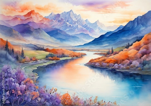 Beautiful landscape with watercolor painting style of a river, plants, and mountains – Artistic landscape poster