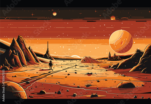 A beautiful painting of a desert landscape, featuring majestic mountains and a distant planet in the sky. The artwork is a stunning blend of nature and astronomical objects