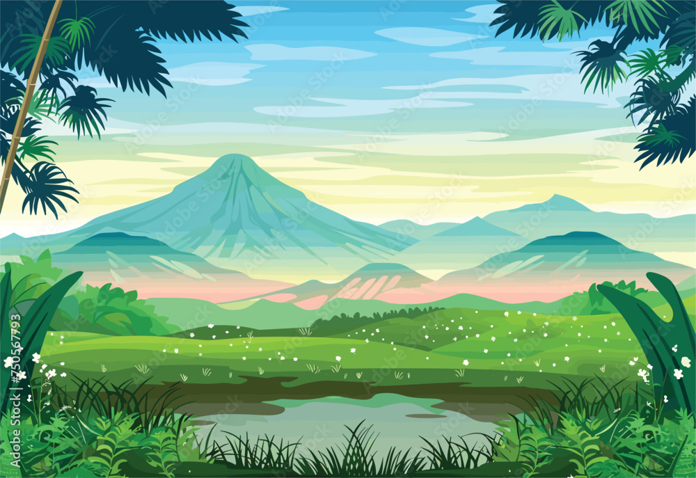 A stunning cartoon illustration of a vibrant ecoregion with towering mountains, a tranquil pond, and lush trees under a blue sky with fluffy white clouds