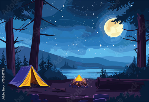 Under the starry sky, a cozy tent is illuminated by a campfire in the dark woods. The moon shines above the natural landscape, surrounded by towering trees and distant mountains