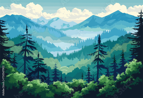 A natural landscape painting depicting a forest with mountains in the background, under a sky filled with clouds. The scene showcases the beauty of trees, plants, and hills in a tranquil setting
