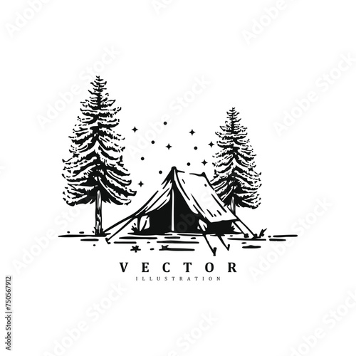Vintage retro hand drawn night camp tent in the pine forest vector illustration