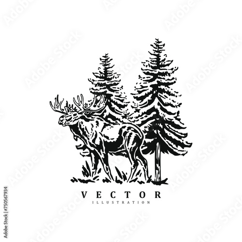 Vintage retro sketch hand drawn engraved wild deer in the forest logo design vector