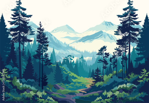 A natural landscape painting featuring a forest with mountains in the background, showcasing beautiful trees and woody plants against a backdrop of mountainous landforms