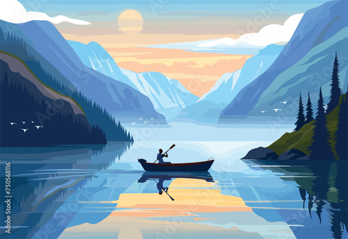A man is peacefully rowing a boat on a serene lake surrounded by majestic mountains, under a clear sky with stunning natural landscapes