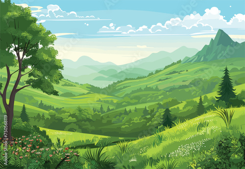 A natural landscape painting depicting a lush green valley with mountains in the background, under a clear blue sky with fluffy white clouds