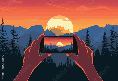Capturing a breathtaking sunset over the mountainous landscape with a cell phone, showcasing the natural beauty of the worlds geological phenomenon in the sky