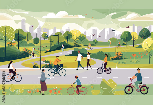 A group of people is using bicycles as a mode of transport to ride and walk in the park, surrounded by green nature, trees, plants, grass, and fresh air