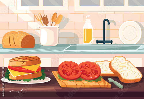 A kitchen counter with a sandwich and tomatoes on a rectangular dishware. An orange bottle, textile, and window complete the food scene