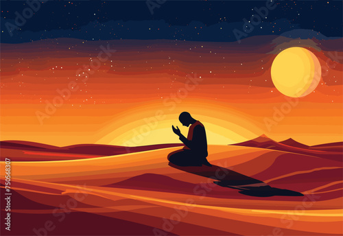 A man kneels in the desert under the orange sky at sunset, praying as the afterglow paints the horizon with colors. The astronomical objects start to appear in the dusk landscape