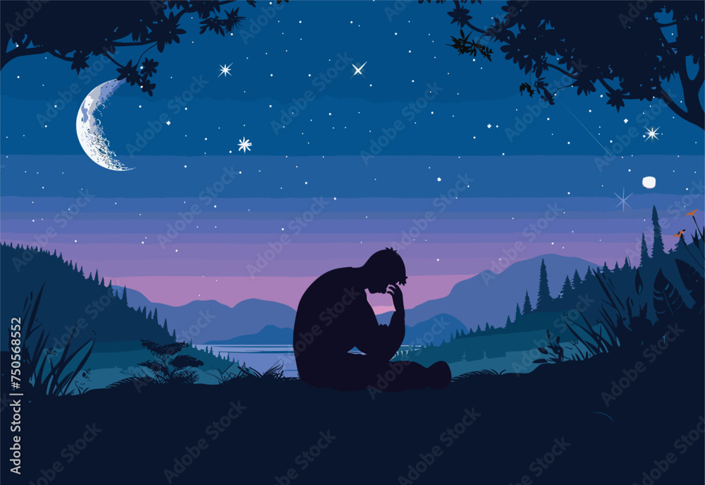 A figure sitting under a crescent moon in the midnight sky, surrounded by the azure atmosphere and bathed in the soft moonlight A figure sitting under a crescent moon in the midnight sky, surrounded by the azure atmosphere and bathed in the soft moonlight