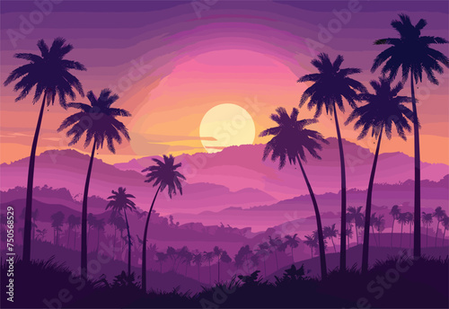 A stunning natural landscape with palm trees silhouetted against a colorful sky during dusk, with majestic mountains in the background creating a beautiful afterglow atmosphere