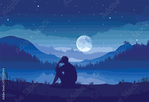A man is seated by the tranquil waters edge on a moonlit night, with the majestic mountains silhouetted against the azure sky and the full moon shining brightly in the atmospheric phenomenon