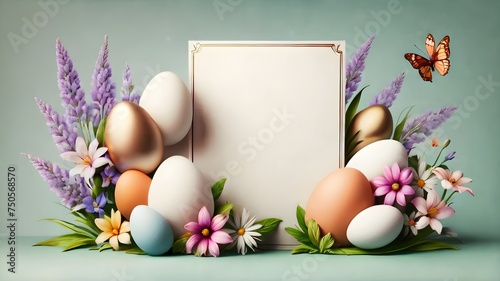 flower theme easter eggs and flowersspring flowers frame with crocuses, easter theme photo