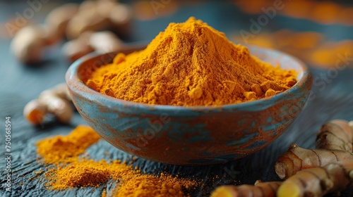 Turmeric spice powder. Spice, herb, seasoning. Trending food. 