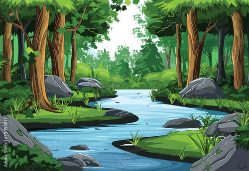 A body of water flowing through a luscious plant community in a green ecoregion, featuring fluvial landforms of streams surrounded by terrestrial plants and rocks