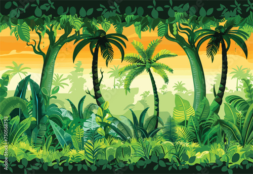 A vibrant cartoon illustration of a lush tropical forest with tall palm trees, green vegetation, and grass. The natural landscape is filled with a variety of terrestrial plants and organisms