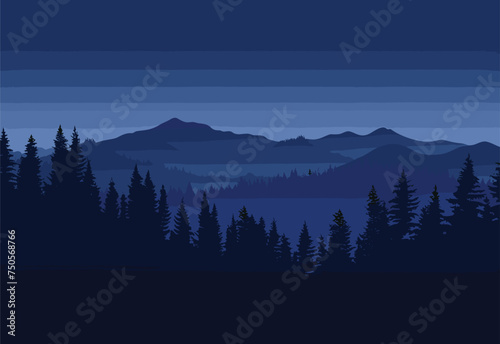 A serene natural landscape at dusk, featuring a silhouette of trees on a slope with mountains in the background under an electric blue sky
