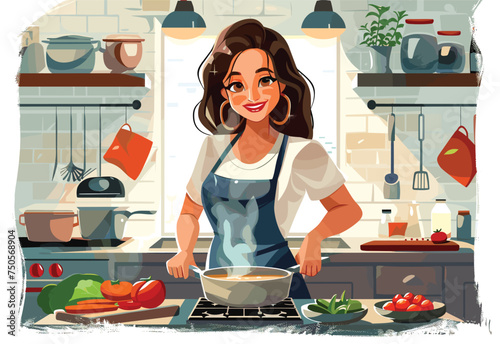 In the rectangular kitchen, a woman with a cat on her apron sleeve is cooking a recipe with fresh plant ingredients, smiling with joy