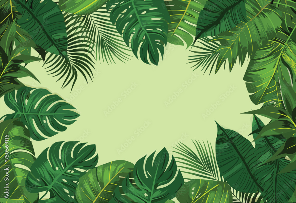 A frame of green tropical leaves on a natural environment background. The plants belong to the Arecales order and are terrestrial organisms, part of the woody plant family