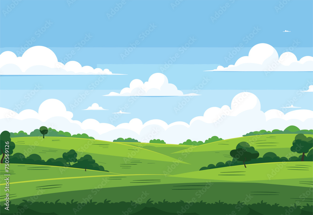 A whimsical cartoon illustration of a sprawling green field with trees, fluffy clouds in the sky, and a serene natural landscape - obrazy, fototapety, plakaty 