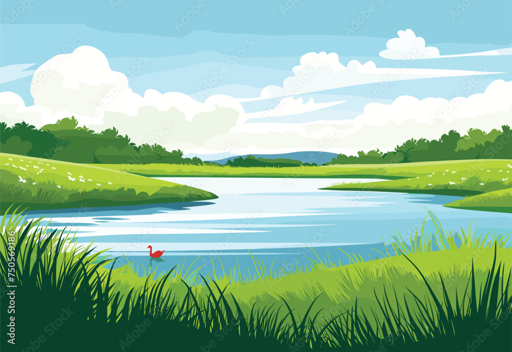 A cartoon illustration of a river flowing through a natural landscape with grass, trees and a cloudy sky. The watercourse is surrounded by highlands and leads to a lake