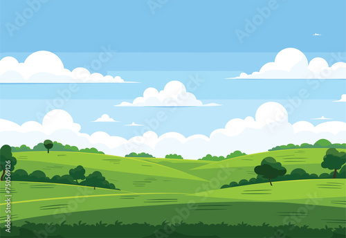A whimsical cartoon illustration of a sprawling green field with trees, fluffy clouds in the sky, and a serene natural landscape photo