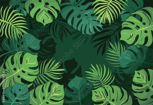 Various types of tropical leaves are showcased against a dark backdrop  highlighting the green hues of vegetation in their natural environment