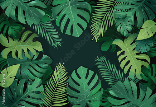Green tropical leaves create a symmetrical pattern on a black background, representing the natural environment of terrestrial plants in the forest