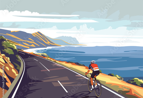 A man is cycling on a bicycle along a coastal road, with the ocean beside him. The wheels of his bike are spinning as he enjoys the scenic ride under the open sky