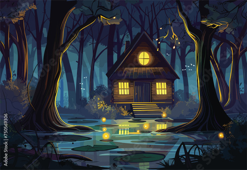 A house stands alone in a dense forest at night, surrounded by tall trees with twisted trunks. The dark sky above adds tints of blue and purple, creating a beautiful painting of nature