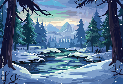 A freezing river flows through a snowy forest with mountains in the background, creating a beautiful natural landscape