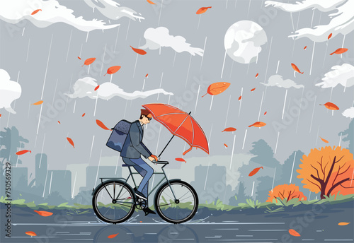 A man is riding a bicycle in the rain with an umbrella, holding onto the bicycle handlebar while the umbrella is attached to the bike frame