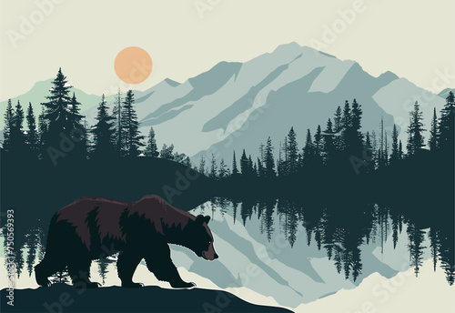 A terrestrial animal, a bear, is seen standing on a rock near a lake surrounded by mountains, trees, and a beautiful natural landscape