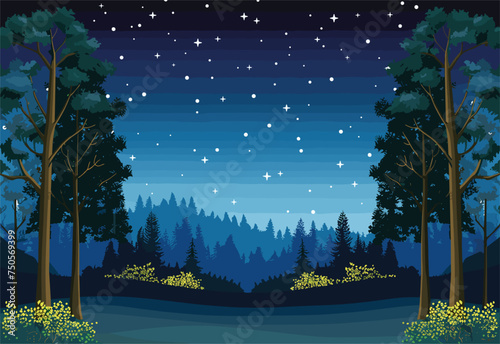 A breathtaking natural landscape where evergreen trees stand tall against the starry night sky, creating a serene and peaceful world under the twinkling stars