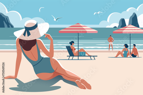 Vacation time. Woman on the beach in a swimsuit and a hat close-up and people sunbathing on the background of the shore. Vector illustration in minimalist style.