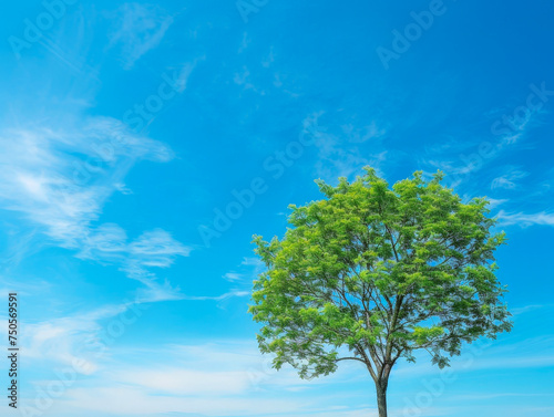A tree is standing in a field with a clear blue sky above it