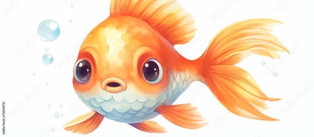 Illustration of a cute watercolor puffer goldfish with big eyes in bright colors on a white background