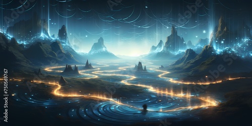 Waves of energy rippling across a digital landscape  bending space and time.