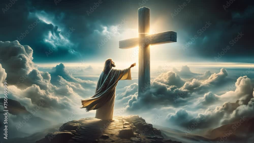 a man that looks like jesus reaching to a cross floating in a beautiful shining sky scene rays of light shining into the holy cross of Jesus, death and resurrection of Jesus Christ	4k video